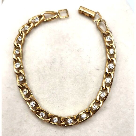 Gold Tone Tennis Bracelet With Crystal Accents & Fold Over Clasp - Picture 1 of 2